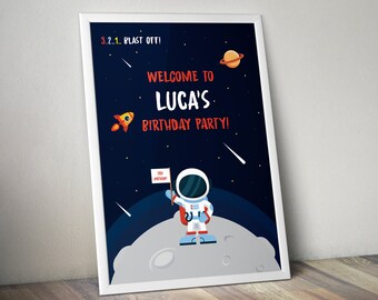 May include: A blue and white birthday party invitation with a cartoon astronaut standing on the moon. The text reads "3, 2, 1... Blast Off! Welcome to Luca's Birthday Party!"