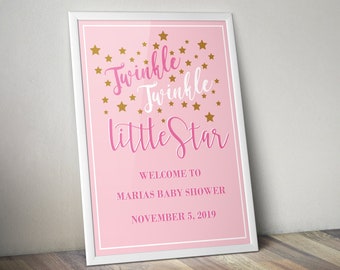 Può includere: Un cartello per baby shower rosa e oro con il testo "Twinkle Twinkle Little Star" e le parole "Benvenuti alla festa di Maria il 5 novembre 2019".