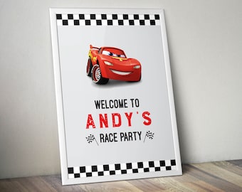 Cartello di benvenuto per il compleanno di Cars, compleanno di McQueen, cartello di benvenuto per il compleanno di un bambino, cartello di benvenuto per il compleanno di un'auto da corsa, cartello di benvenuto stampabile, auto da corsa