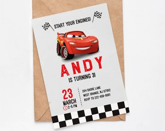 Cars birthday invitation, Cars invitation, cars birthday invite, mcqueen birthday invitation, race car birthday invitation, red race car