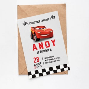 Cars birthday invitation, Cars invitation, cars birthday invite, mcqueen birthday invitation, race car birthday invitation, red race car
