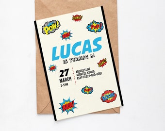 Superhero birthday invitation, superhero invitation, superhero theme birthday invitation, digital file, superheroes, superhero bubble speech
