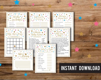 May include: A set of printable baby shower game cards with a gold glitter background and pink and blue stars. The games include "Baby Name Game", "Who Knows Mommy Best?", "Name That Song Baby", "Baby Shower Bingo", "Celebrity Baby Names", "The Price is Right", "Advice for the Mommy to Be", and "Wishes for Baby!"