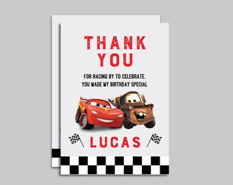 Cars birthday thank you card, Cars thank you card, Mcqueen birthday thank you card, red race car birthday, digital file, print, flag race