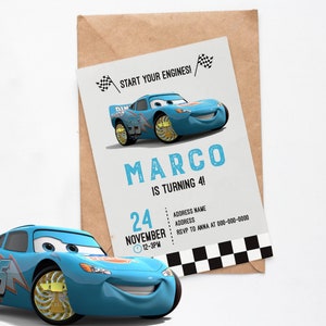 May include: A blue and orange cartoon racing car with the number 95 on the side. The car is smiling and has large wheels. The text "START YOUR ENGINES!" is at the top of the image. The text "MARCO IS TURNING 4!" is in the middle of the image. The text "24 NOVEMBER 12-3PM" is at the bottom of the image. The text "ADDRESS NAME ADDRESS RSVP TO ANNA AT 000-000-0000" is on the right side of the image.