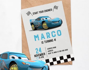 May include: A blue and orange cartoon race car with the number 95 on the side. The car is smiling and has large wheels. The text "START YOUR ENGINES!" is at the top of the image. The text "MARCO IS TURNING 4!" is in the middle of the image. The text "24 NOVEMBER 12-3PM" is at the bottom of the image. The text "ADDRESS NAME ADDRESS RSVP TO ANNA AT 000-000-0000" is on the right side of the image.
