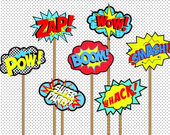 Grafika wektorowa superbohaterów, dekoracje z superbohaterami, wydruki z superbohaterami, pomysły na przyjęcia urodzinowe dla dzieci, tekst pop-art z superbohaterami, cyfrowy tekst z superbohaterami w dymku