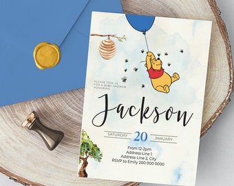 Winnie the Pooh baby shower invitation, Classic Winnie The Pooh Invitation, Neutral Baby Shower Template, Winnie the pooh baby shower invite