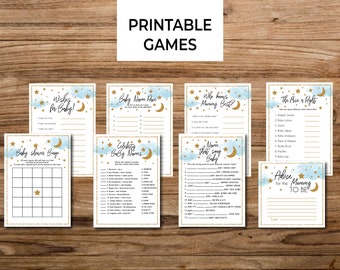 Over the moon baby shower, over the moon baby shower games, baby shower printable games, we're over the moon baby shower, blue clouds shower