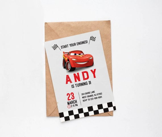 Cars birthday invitation, Cars invitation, cars birthday invite, mcqueen birthday invitation, race car birthday invitation, red race car