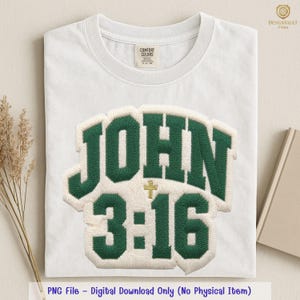 John 3:16 Varsity Patch PNG – Chenille Appliqué Scripture Design, Green & Cream (Digital Download)