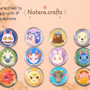 May include: Twelve circular pin-back buttons featuring colourful cartoon animal character portraits against chevron patterned backgrounds. The text Notera.crafts is printed at the top centre, along with the note Images edited to comply with IP regulations.
