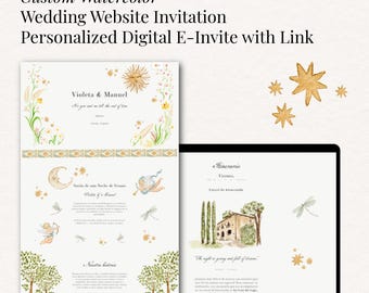 Invitación de boda personalizada en acuarela para sitio web, invitación digital personalizada con enlace, obra de acuarela pintada a mano.