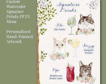 Menú de bebidas de autor para mascotas, acuarela personalizada, letrero de cóctel personalizado, menú de bar pintado a mano para boda o evento