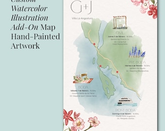 MAP ADD-ON Ilustración de acuarela personalizada, pintura de mapa personalizada, obra de arte de acuarela pintada a mano, mapa de ilustración de acuarela