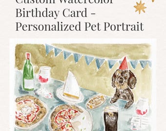 Tarjeta de celebración personalizada con acuarela, retrato de mascota personalizado, ilustración de acuarela pintada a mano, regalo, tarjeta de cumpleaños