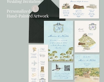 Invitación de boda personalizada en acuarela + 2, invitación digital personalizada, papelería de boda en acuarela pintada a mano, tarjeta RSVP, tarjeta de detalles