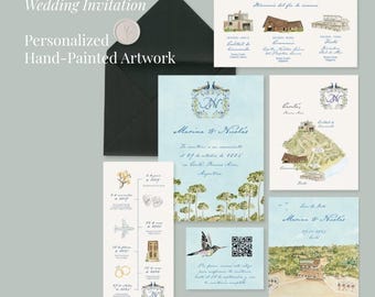 Invitación de boda personalizada en acuarela + 1, invitación digital personalizada, papelería de boda en acuarela pintada a mano, tarjeta RSVP, tarjeta de detalles