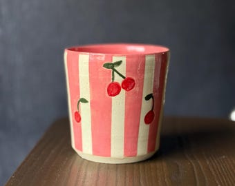 Cherry Pink Striped Handmade Ceramic Tumbler - 16 oz