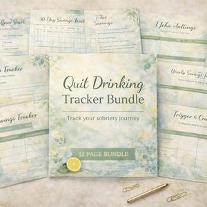 May include: A collection of printable sobriety trackers with a watercolor design. The central document reads "Quit Drinking Tracker Bundle" and "Track your sobriety journey." Includes a pen, paper clips, and lemon slices.