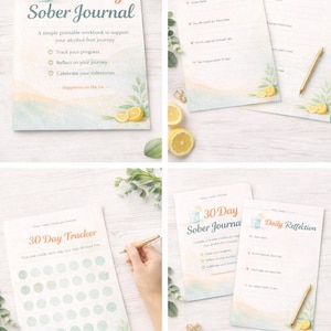 May include: A collection of printable pages for a 30-day sober journal. The pages include a tracker, daily reflection prompts, and a workbook to support an alcohol-free journey. The design features watercolor illustrations of lemons and leaves.