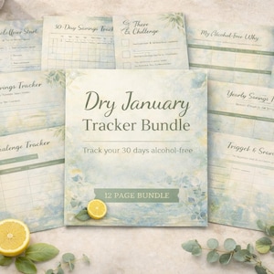 May include: A collection of printable Dry January tracker pages with a watercolor design. The bundle includes trackers for savings, challenges, and more. The image features lemons and greenery, with the text "Dry January Tracker Bundle."