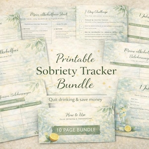 Könnte beinhalten: Eine Sammlung druckbarer Abstinenz-Tracker mit Aquarelldesign. Das Bundle enthält Seiten zur Verfolgung von Fortschritten, Herausforderungen und Belohnungen. Der Text enthält "Printable Sobriety Tracker Bundle" und "Quit drinking & save money".