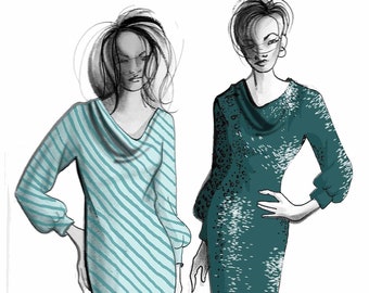 Schnittmuster - Kleid mit Wasserfallausschnitt, 3 Längen; Größen 6-14