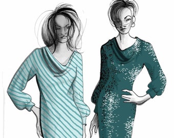 Sewing Pattern - Cowl Neck Dress, 3 lengths; Extended Plus Sizes 26-34