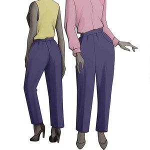 以下が含まれることがあります： 青いズボンを履いた女性のファッションイラストが2つ。一人は黄色のノースリーブトップ、もう一人はピンクのボタンダウンシャツを着ています。