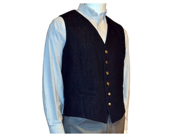 Mens Vest, denim with nickel shank riveted buttons, 100% acetate lined , AC Ashworth & Co. custom fit, welt pockets, handmade in USA