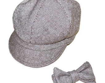 Newsboy hat and bowtie set, wool tweed  brown and white stripe, boys accessories, handmade in Kentucky, USA, AC Ashworth & Company