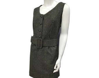 Ladies Wool Jumper, 100% wool houndstooth check, princess cut, invisible zipper, covered buttons & self belt