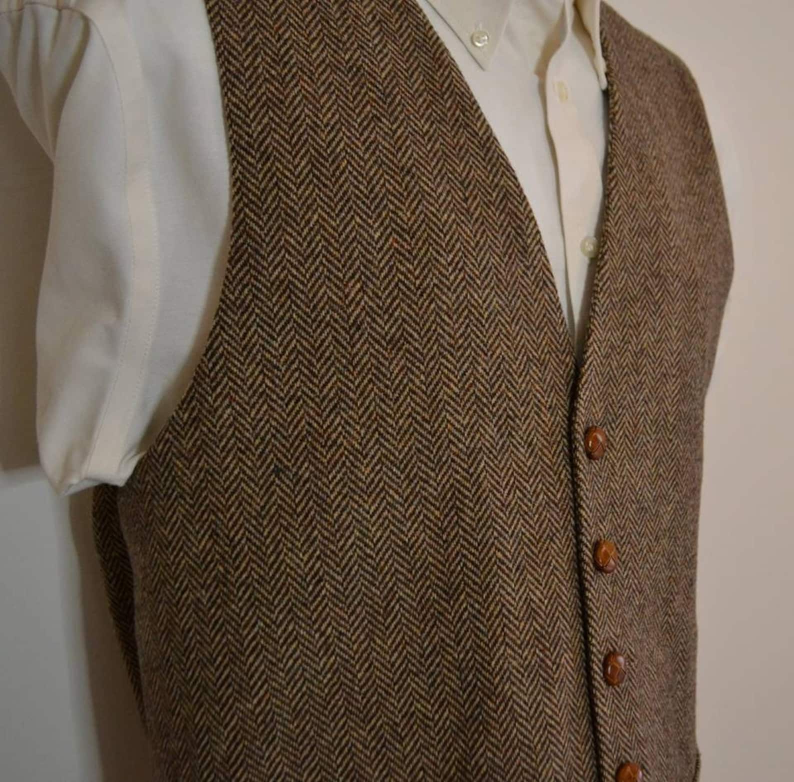 Mens Vest, Herringbone in Wool Tweed, 100 Acetate Lined , AC Ashworth