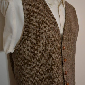 Mens Vest, herringbone in wool tweed, 100% acetate lined , AC Ashworth & Company formal wear, custom fit, two welt pockets, handmade in USA Brown herringbone