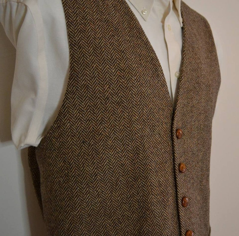 Mens Vest, herringbone in wool tweed, 100% acetate lined , AC Ashworth & Company formal wear, custom fit, two welt pockets, handmade in USA Brown herringbone