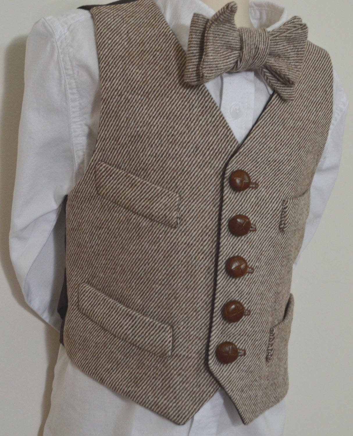 Boys Vest, wool brown tweed, 100% cotton lined, formal wear, custom children's sizes, leather buttons, handmade, USA