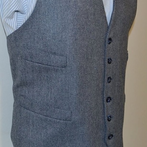 Mens Vest, herringbone in wool tweed, 100% acetate lined , AC Ashworth & Company formal wear, custom fit,  4 welt pockets, handmade in USA