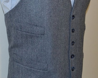 Mens Vest, herringbone in wool tweed, 100% acetate lined , AC Ashworth & Company formal wear, custom fit,  4 welt pockets, handmade in USA