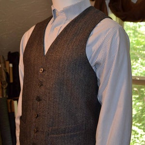 Mens Vest, herringbone in wool tweed, 100% acetate lined , AC Ashworth & Company formal wear, custom fit, two welt pockets, handmade in USA Grey herringbone