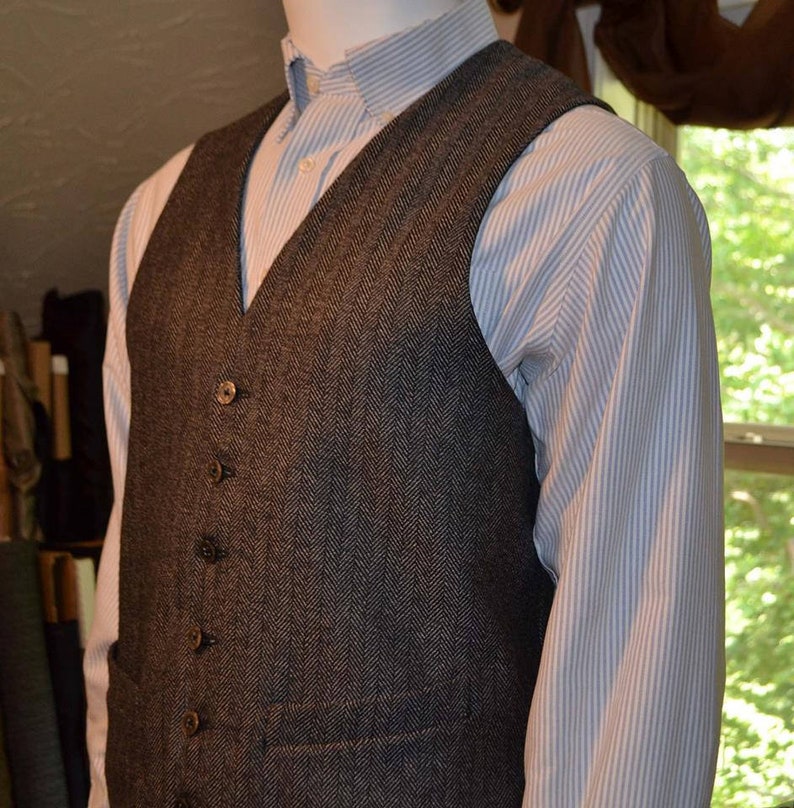 Mens Vest, herringbone in wool tweed, 100% acetate lined , AC Ashworth & Company formal wear, custom fit, two welt pockets, handmade in USA Grey herringbone