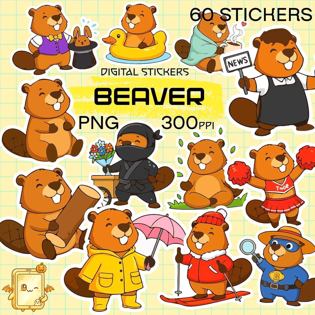 Beaver Character Stickers – 60 Digital PNG Stickers (300 DPI ...