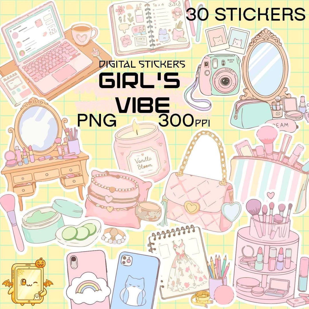 Girl’s Vibe Digital Sticker Pack – 30 PNG Stickers (300 DPI ...