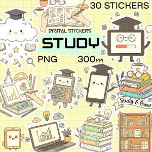 Study Stickers | 30 School PNG Stickers | Cute Study Planner Stickers | Digital Education Stickers | 300 DPI | GoodNotes