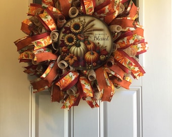 Sunflower Pumpkin Fall Wreath: Harvest Deco Mesh Door Decor