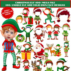 Może przedstawiać: Kolekcja projektów świątecznych elfów z różnymi strojami i akcesoriami. Obraz zawiera tekst "CHRISTMAS ELF 400+ MEGA FILE" i "100+ UNIQUE ELF ADD YOUR OWN FACE DESIGNS". Łatwe do edycji w Canva.