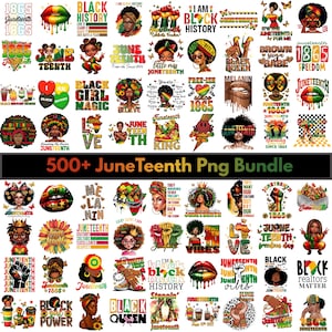 Peut inclure: Une collection de graphiques numériques colorés sur les thèmes du Juneteenth et de l'histoire des Noirs. Les images comprennent des illustrations de femmes noires, de lèvres, de poings et du texte tel que "Black History" et "Juneteenth". Le texte "500+ JuneTeenth Png Bundle" est également visible.