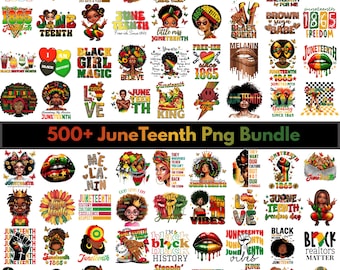 May include: A collection of colorful digital graphics with themes of Juneteenth and Black history. The images include illustrations of Black women, lips, fists, and text such as "Black History" and "Juneteenth". The words "500+ JuneTeenth Png Bundle" are also visible.