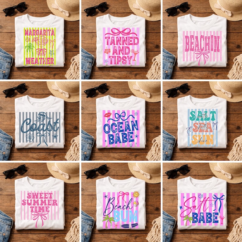 Op de afbeelding: Witte T-shirts met zomerse afbeeldingen en tekst. Ontwerpen omvatten "Margarita Weather", "Tanned and Tipsy", "Beachin'", "Coast", "Ocean Babe", "Salt Sea Shine", "Sweet Summer Time", "Beach Bum" en "Salt Babe".
