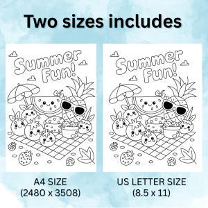 May include: Black and white coloring pages with the text "Summer Fun!" featuring cartoon fruits like watermelon, pineapple, and strawberries. Includes A4 and US Letter sizes for printing.